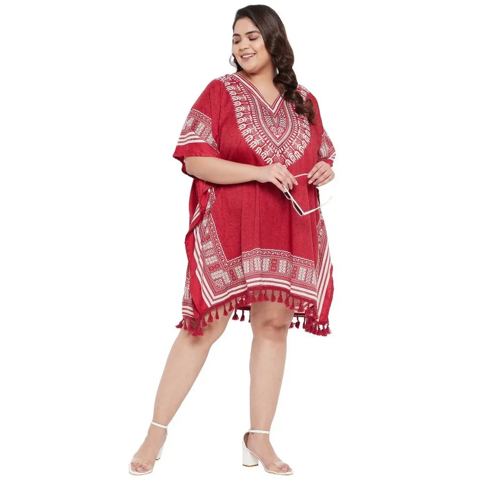 Dashiki Printed Red Polyester Short Caftan Tunic Dress for Women by Gypsie Blu - Picture 3 of 8